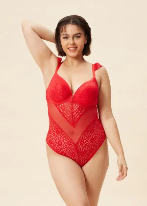 AMINA Plus Lace Push-up Bodysuit Red Sexy Lingerie