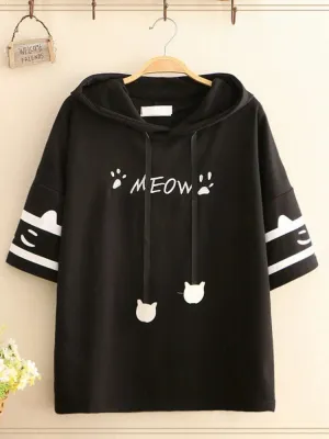 Black Short Sleeve Hooded Sweatshirts For Women Cartoon Print Drawstring Cotton Hoodies Streetwear Casual Tracksuits Female