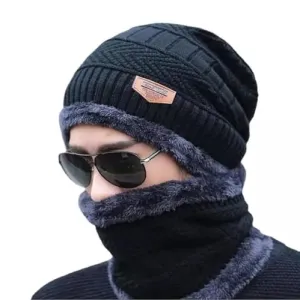 Brand Conquer Wool Beanie Cap & Muffler for Mens & Women – Winter Cap for Men – Men’s Woolen Cap with Neck Muffler – Winter Muffler for Women – Soft Woolen Muffler & Cap for Men & Women Black (Black)