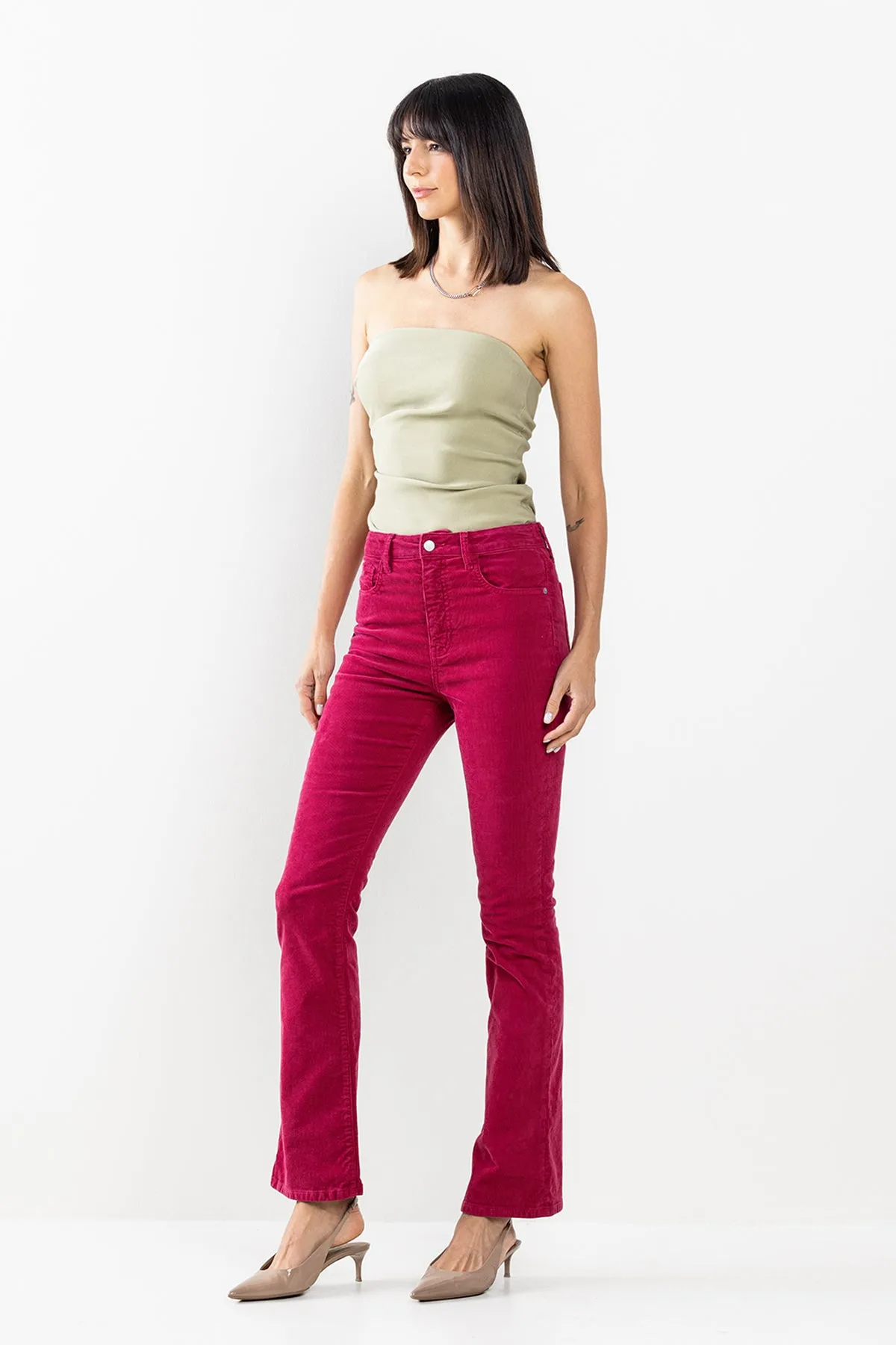 HIGH RISE CORDUROY SLIM BOOTCUT IN RED PLUM / SP-P12529RP