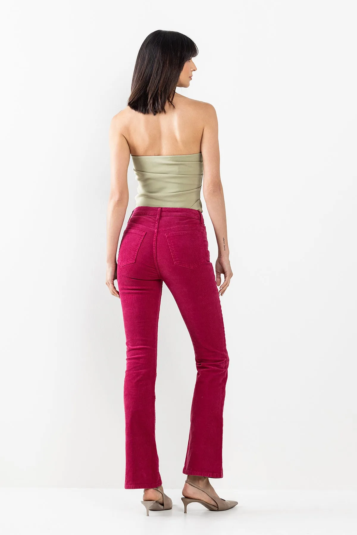 HIGH RISE CORDUROY SLIM BOOTCUT IN RED PLUM / SP-P12529RP