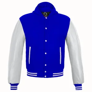 Mens Hoodie Wool body faux Leather Arm Sleeves College Letterman Varsity Hoodie Royal.Blue/White