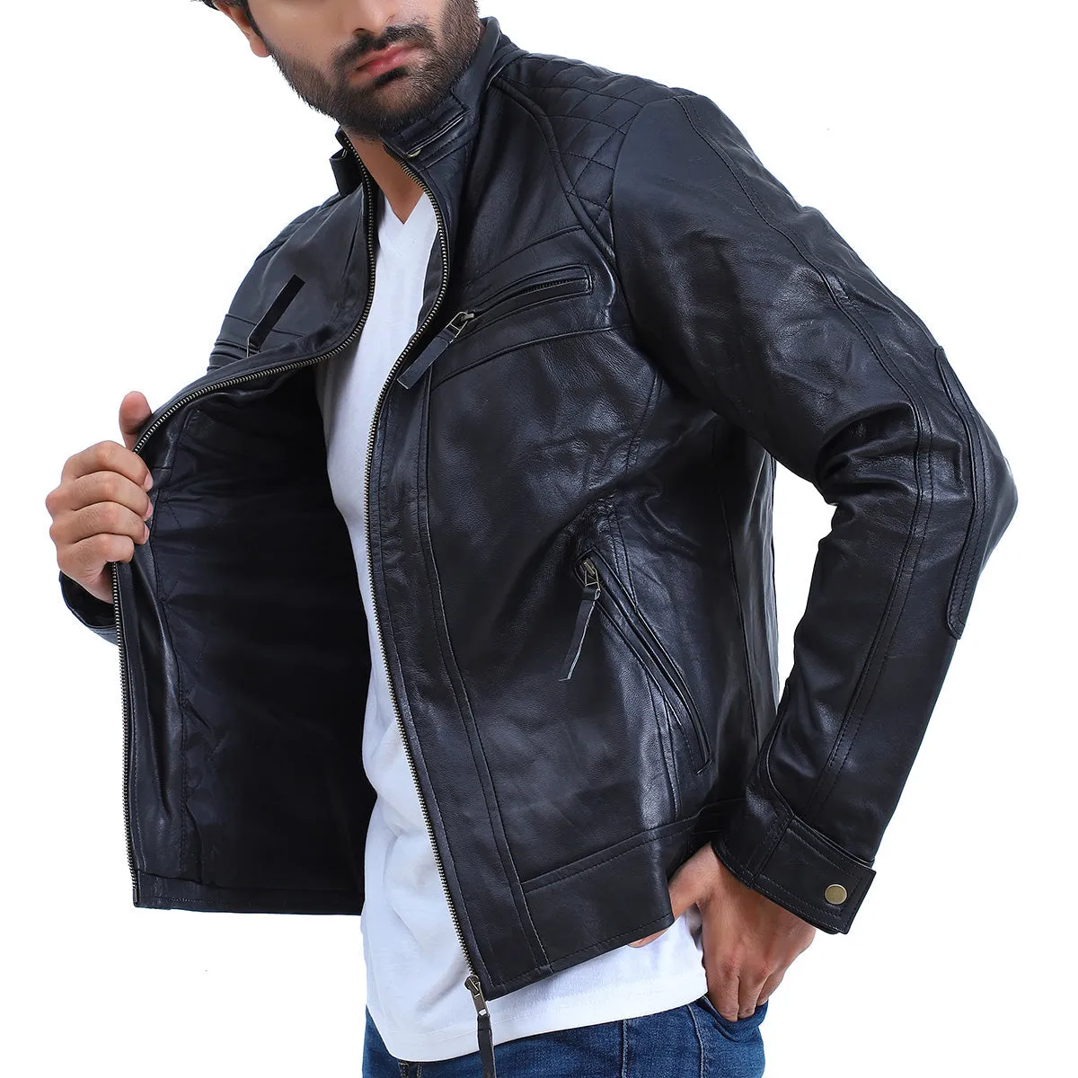 Mens Quilted Cafe Racer Biker Leather Jacket