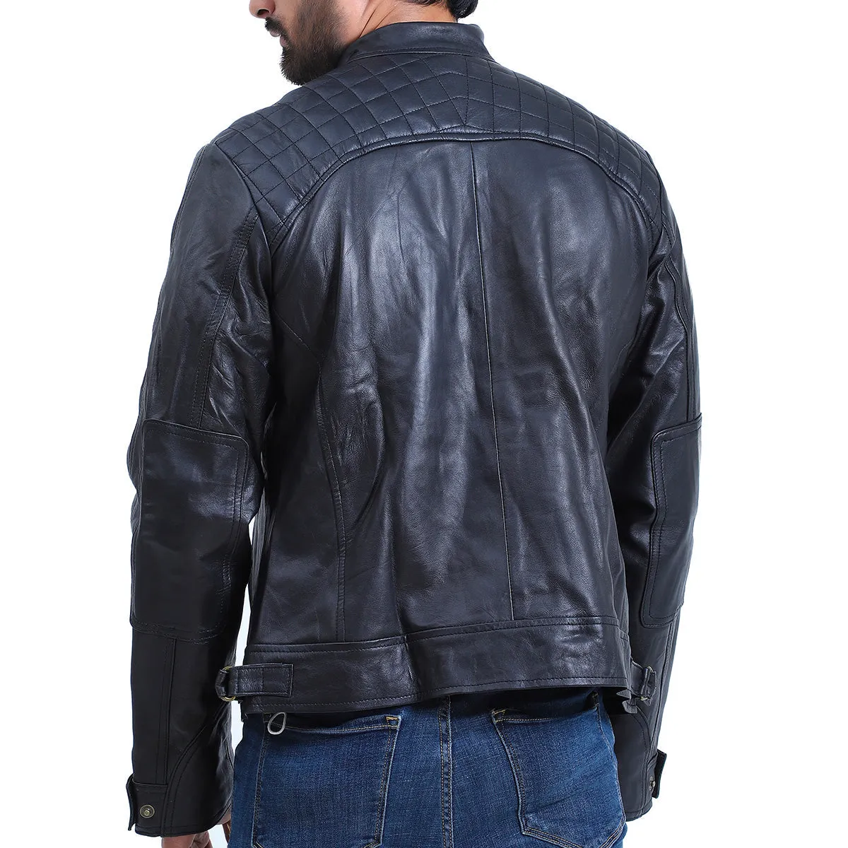 Mens Quilted Cafe Racer Biker Leather Jacket