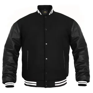 Men’s Varsity Jacket Faux Leather Sleeve and Wool Body All Black (white trim)