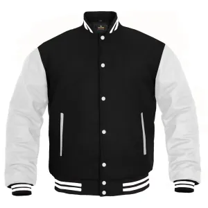 Men’s Varsity Jacket Faux Leather Sleeve and Wool Body Black/White