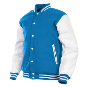 Men’s Varsity Jacket Genuine Leather Sleeve and Wool Body Sky Blue/White