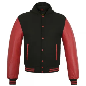 Mens Varsity Style Hoodie Wool Body Genuine Leather Black/Red