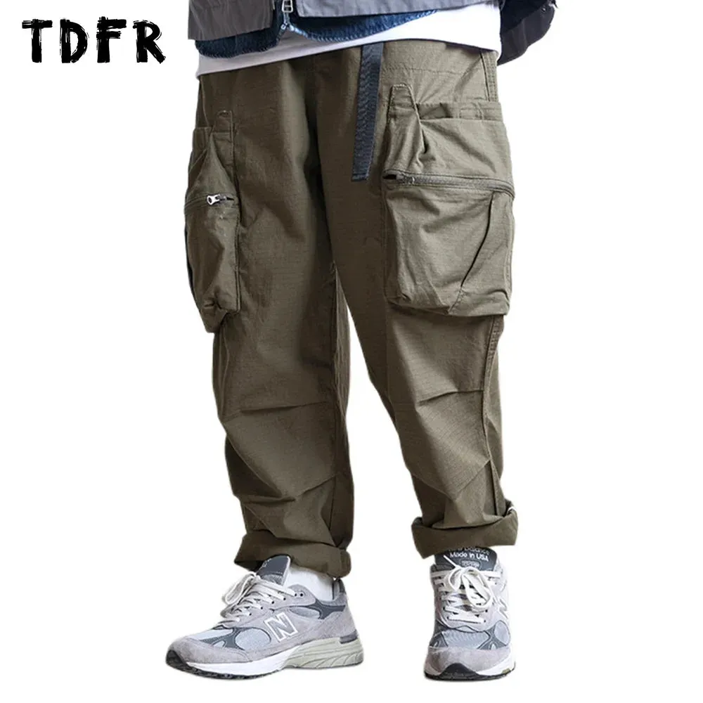 Pocket Cargo Pants Men's Pleated Safari Style Solid Color Wide Leg Trousers