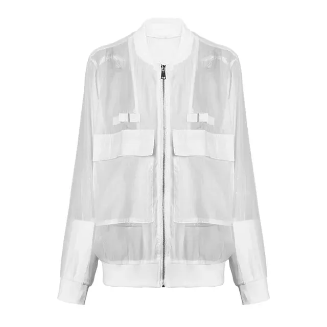 Pre Order:  White Organza Stand Collar Long Sleeve Jacket