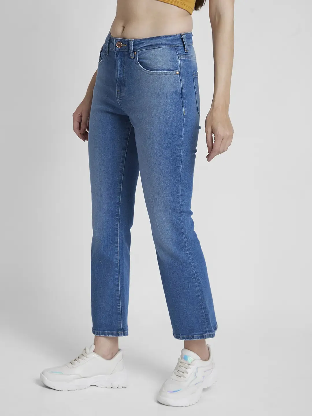 Spykar Women Light Blue Lycra Bootcut Fit Ankle Length Low Distressed Jeans -(Elissa)