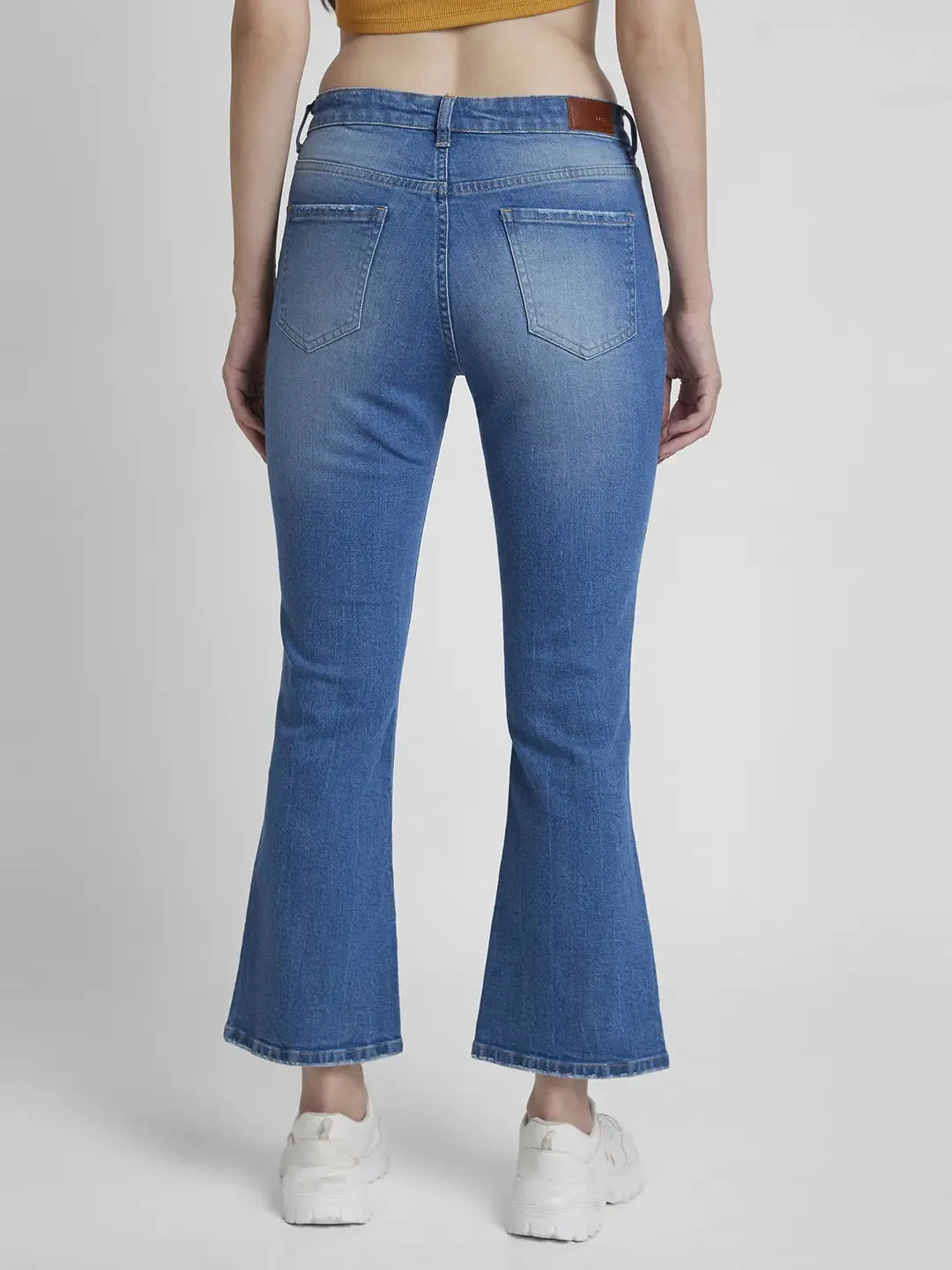 Spykar Women Light Blue Lycra Bootcut Fit Ankle Length Low Distressed Jeans -(Elissa)