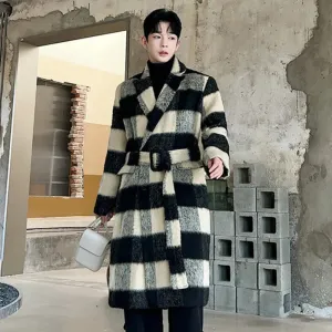 Thickened Male Woolen Coats Korean Stylish Plaid Contrast Color Turn-down Collar Knee Length Men's Trench Spring New 9C2744