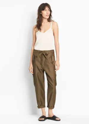 Vince Drawstring Cargo Pant in an Olive Linen-Cotton